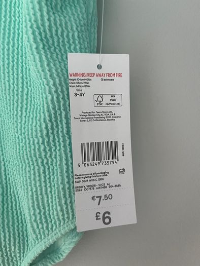 Tesco F+F Aqua Girls swimsuit Age 3-4  BNWT