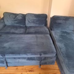 Blue Velvet Corner Sofa Bed with Storage