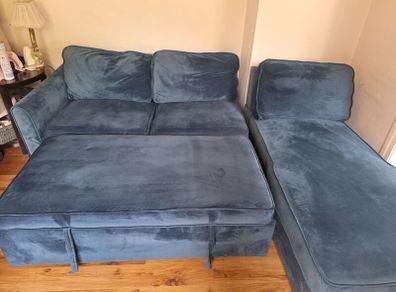 Blue Velvet Corner Sofa Bed with Storage
