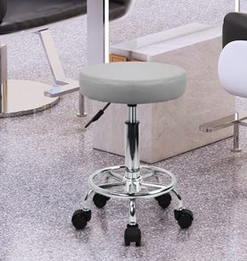 PU Leather Round Rolling Stool with Foot Rest Swivel Height Adjustment Spa Drafting Salon Tattoo Work Office Massage Stools Task Chair Small (Gray)