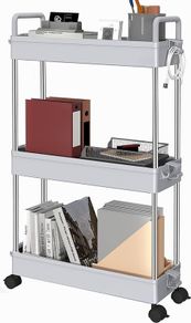 FREE EXPRESS SHIPPING 3 Tier Storage Trolley, Trolley On Wheels with Handle, Hook, Lock Wheels, Kitchen Storage Unit, Narrow Shelving Unit for Kitchen Bathroom Laundry Room, Slide Out Bathroom Storage, Grey