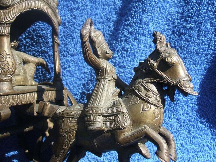 Antique INDIAN BRONZE TEMPLE TOY (Kutch style) - an exceptionally fine example with horse and rider with carriage (c.19th century)