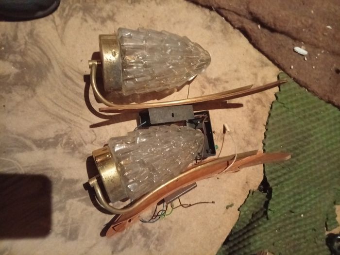 Pair Vintage Mid-Century Plywood & Glass Wall Sconces (1960s/70s)