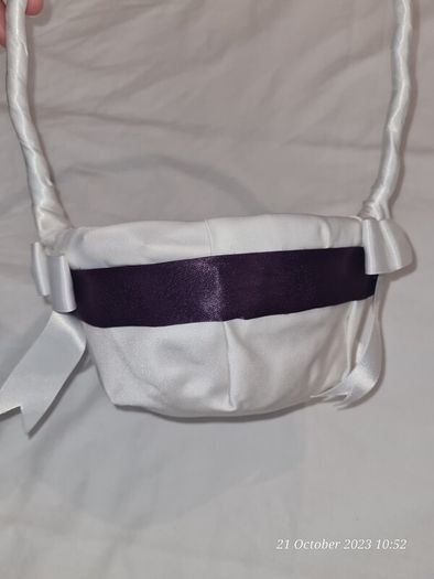 Handmade wedding ring cushion and flowergirl basket with purple detail