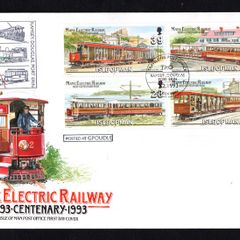 1993 Isle of Man Centenary of Manx Electric Railway Commemorative Stamps First Day Cover (FDC) with Traveling Post Office (TPO) cancel posted at Groudle
