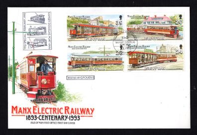 1993 Isle of Man Centenary of Manx Electric Railway Commemorative Stamps First Day Cover (FDC) with Traveling Post Office (TPO) cancel posted at Groudle