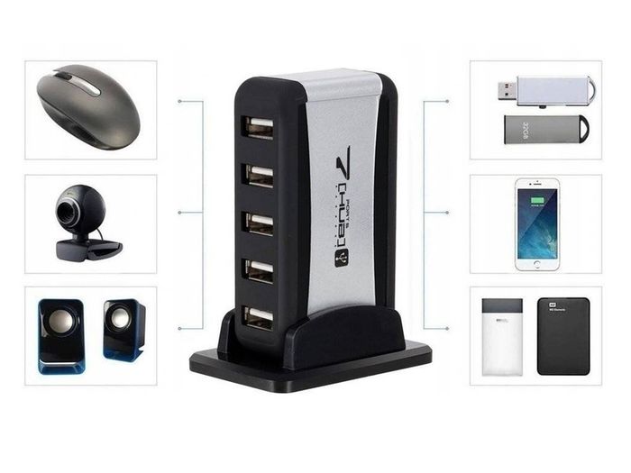 New 7 Ports Hub USB 2.0 High Speed Smart Adapter PC Computer Laptop + PSU #1371