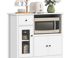 Kitchen cabinet with cable hole, chest with 2 cabinets, open compartment, drawer, 80 x 35 x 72.2 cm, particleboard, white