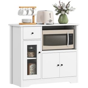 Kitchen cabinet with cable hole, chest with 2 cabinets, open compartment, drawer, 80 x 35 x 72.2 cm, particleboard, white