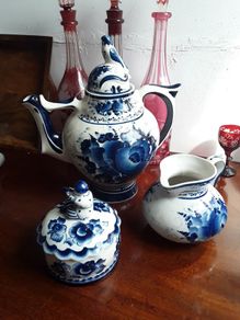 Russian Gzhel handmade and hand painted tea set