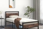 3ft Single Size Metal Platform Bed Frame with Wooden Headboard and Footboard
