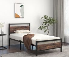 3ft Single Size Metal Platform Bed Frame with Wooden Headboard and Footboard