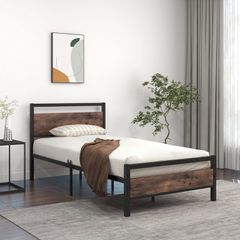 3ft Single Size Metal Platform Bed Frame with Wooden Headboard and Footboard
