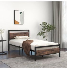 3ft Single Size Metal Platform Bed Frame with Wooden Headboard and Footboard