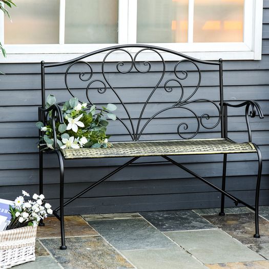 2-Seater Garden Bench Solid Metal Loveseat Imitated Rattan Pattern Vintage Style for Patio Porch Tarrace