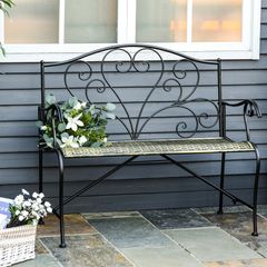 2-Seater Garden Bench Solid Metal Loveseat Imitated Rattan Pattern Vintage Style for Patio Porch Tarrace
