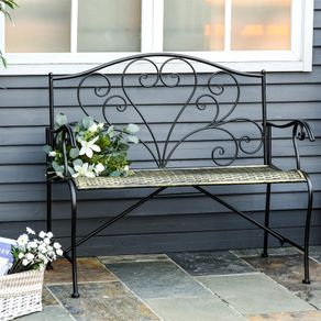 2-Seater Garden Bench Solid Metal Loveseat Imitated Rattan Pattern Vintage Style for Patio Porch Tarrace