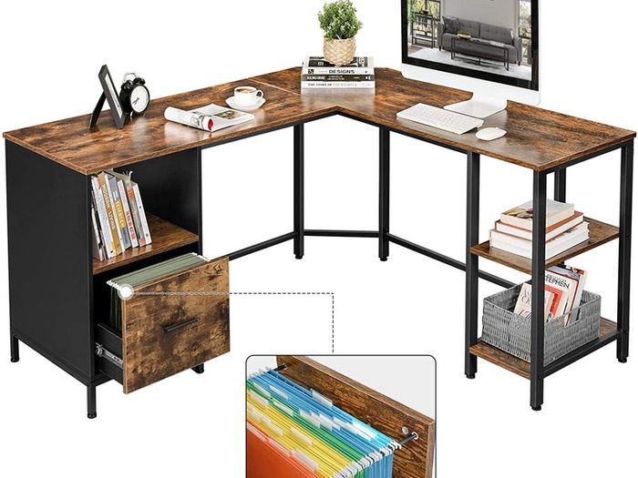 _Computer Desk, L-Shaped Office Table with Cabinet and Hanging Files, 2 Shelves, Home Office, Space-Saving, Easy Assembly, Industrial Design, Vintage Brown/Black