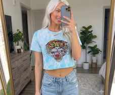 Ed Hardy LOS Tigre Tiger Rhinestone Tie Dye Crop T-Shirt Turquoise Small S