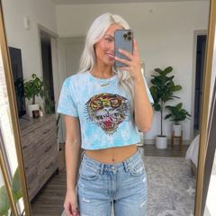 Ed Hardy LOS Tigre Tiger Rhinestone Tie Dye Crop T-Shirt Turquoise Small S