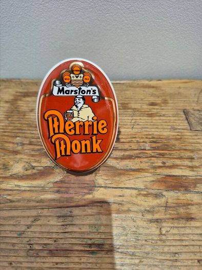 vintage Marston's Merrie Monk ceramic beer pump clip badge