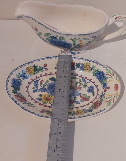 Beautiful Vintage Masons Ironstone Gravy Boat and Matching Underplate in the Regency Pattern, Circa 1940