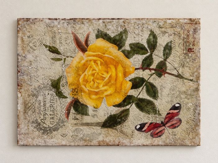 Yellow Rose & Butterfly Canvas Vintage Style Wall Art