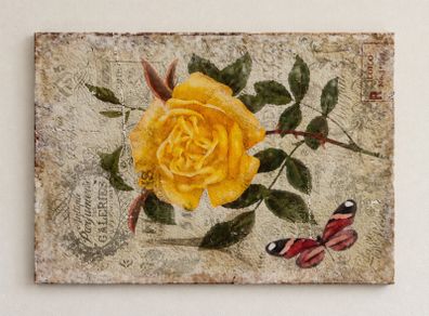 Yellow Rose & Butterfly Canvas Vintage Style Wall Art