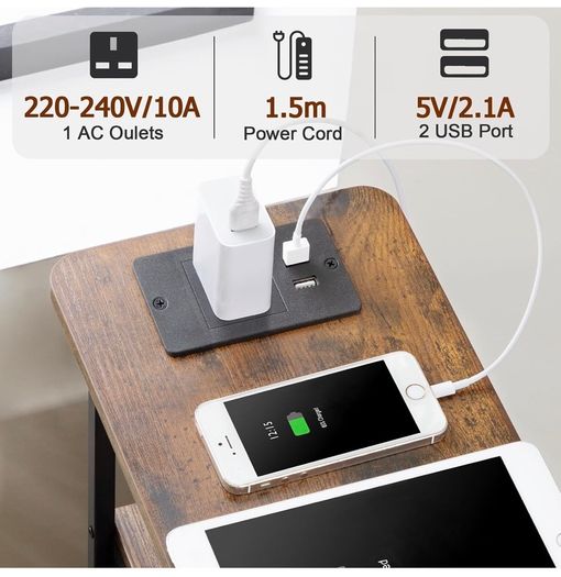 Narrow Bedside Table Set of 2, Slim Side Table for Bedroom Bed Side Table Living Room with Charging Station, Sofa Table with 3 Fabric Drawers, Small Nightstand with LED Lights, Brown