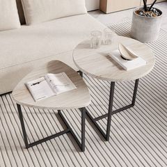 Round Coffee Table Set of 2,Small Coffee Table Living Room Tables,Metal Frame with Wood Side Table,Sofa Tea Table for Small Space/Living Room/Bedroom,Stacking Side Tables,Black + OAK