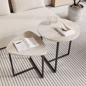Round Coffee Table Set of 2,Small Coffee Table Living Room Tables,Metal Frame with Wood Side Table,Sofa Tea Table for Small Space/Living Room/Bedroom,Stacking Side Tables,Black + OAK