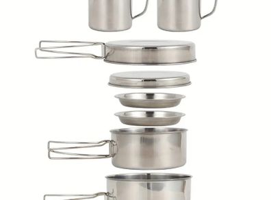 8 pieces camping cookware set. Compact and lightweight