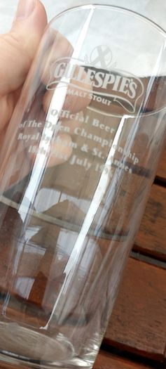 Gillespies malt stout pint glass,official beer to the open championship at royal Lytham & St. Anne's 18th to 21th ,1996,,buyer collects or pays postage, collectors item