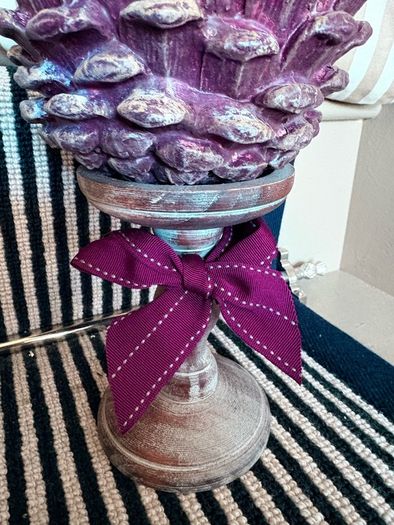 New bespoke oversized autumn Pinecone on distressed wood base in mulberry