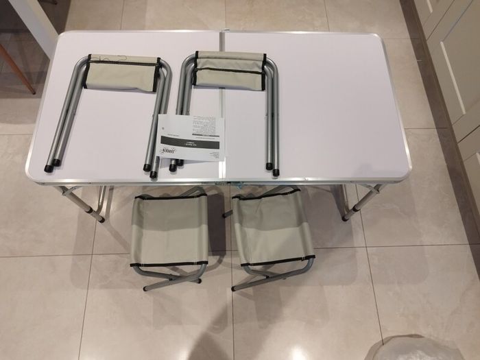 KADAX Folding Camping Table Set with 4 Chairs, White, Travel Case Included