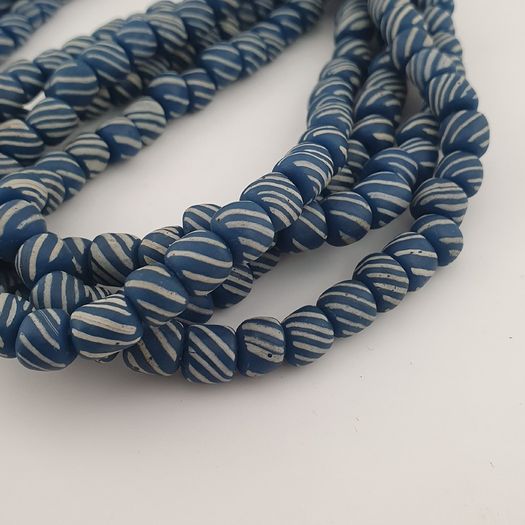 Vintage African Style White Stripe Blue 7mm -8mm Glass Beads Necklace Strand