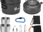 Camping Cooker Pan Set Aluminum Camping Cookware Kit for 2 People, Portable Outdoor Pot Pan Stove Kettle 2 Cups and Tableware - Backpacking Cookware for Picnic Trekking and Hiking