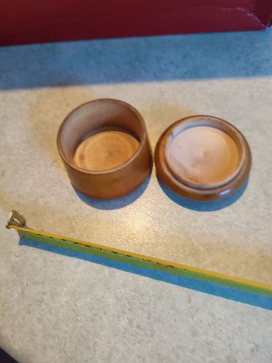 Antique Treen Pot Small Antique Treen Pot.Screw-on mushroom shaped lid.Polished light colored wood, possibly yew or sycamore.