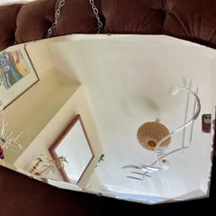 Large Vintage Mid Century Bevelled Mirror with Chain Reverse Etched Chinoiserie Detail
