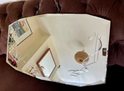 Large Vintage Mid Century Bevelled Mirror with Chain Reverse Etched Chinoiserie Detail