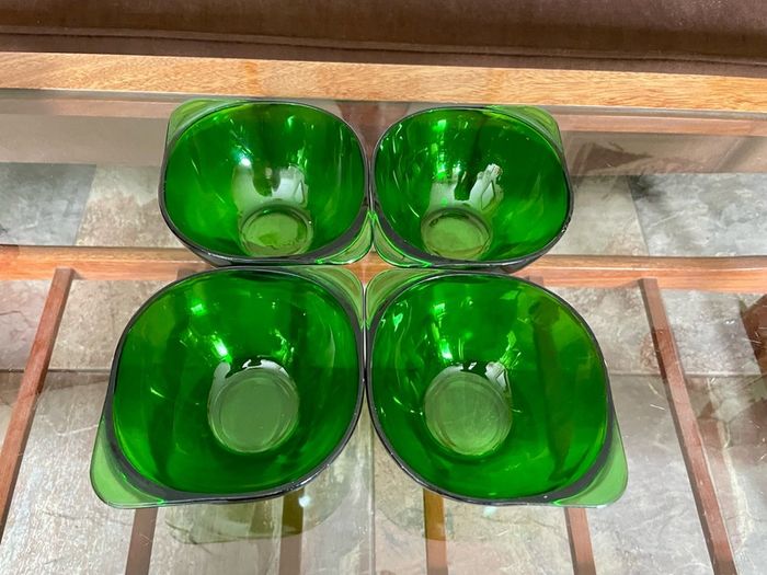4 Stylish Vintage Vereco France Forest Green Clear Bowls with Tab Handles 1960 70s
