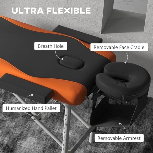 Foldable Massage Bed Portable Table, 3-Section Aluminium Foldable Beauty Couch, Professional Salon Spa Table with Headrest Support and Carry Bag, 60 cm Width, Black and Orange