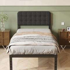 3ft with Curved Upholstered Headboard, 36 cm High, Heavy Duty Metal Bed Frame Single with Steel Slats, Ample Storage Underbed, Easy Assembly, Noise Free, Black