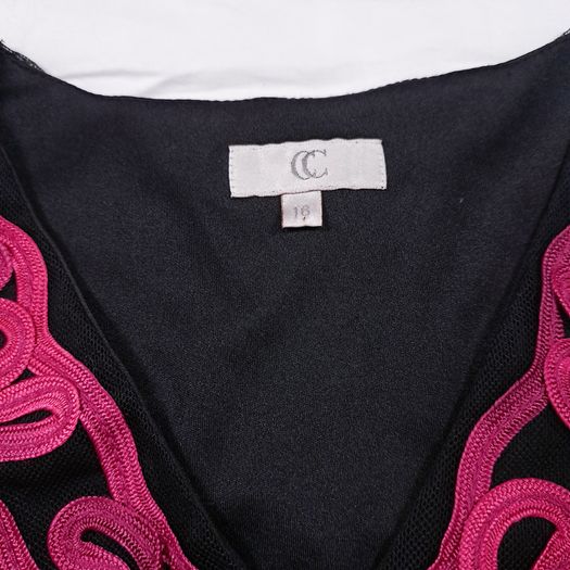 Country Casuals CC Black Sheer Mesh Fuchsia Pink Soutache Ribbon Embroidered V-Neck Midi Dress 16UK/44EU