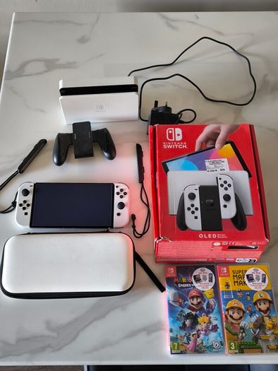 Nintendo Switch OLED White - MINT + Box + Case + 256GB + 2 Games + Warranty 2028