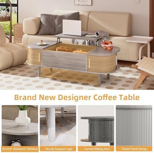 Coffee Table with Lift Top - Wooden Modern Centre Table with Unique Textured & Hidden Storage, for Living Room, Bedroom, Small Space, Home Office