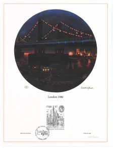 1980 Great Britain Limited Edition Lithographed Print measuring 333mm X 257mm showing London 1980 International Stamp Exhibition commemorative stamps with First Day of Issue Cancel