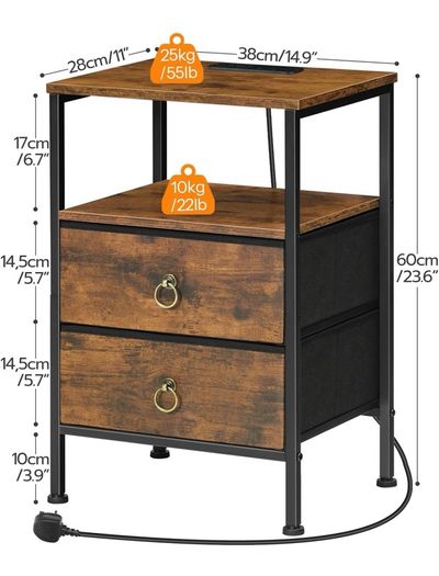 Bedside Table with Charging Station, Side Table with 2 USB Ports and Outlet