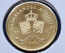 Netherlands Antilles Gold 1979 Royal Covenant 50 Gulden Proof Like Gold Coin