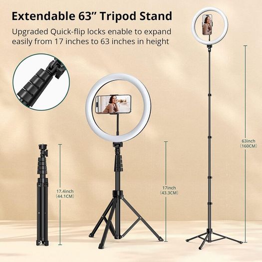 12" Ring Light with Tripod Stand, 63" Extendable, 3 Light Modes & 10 Brightness Levels, LED Selfie Light with Remote Control for TikTok, YouTube, Live Streaming, Photography